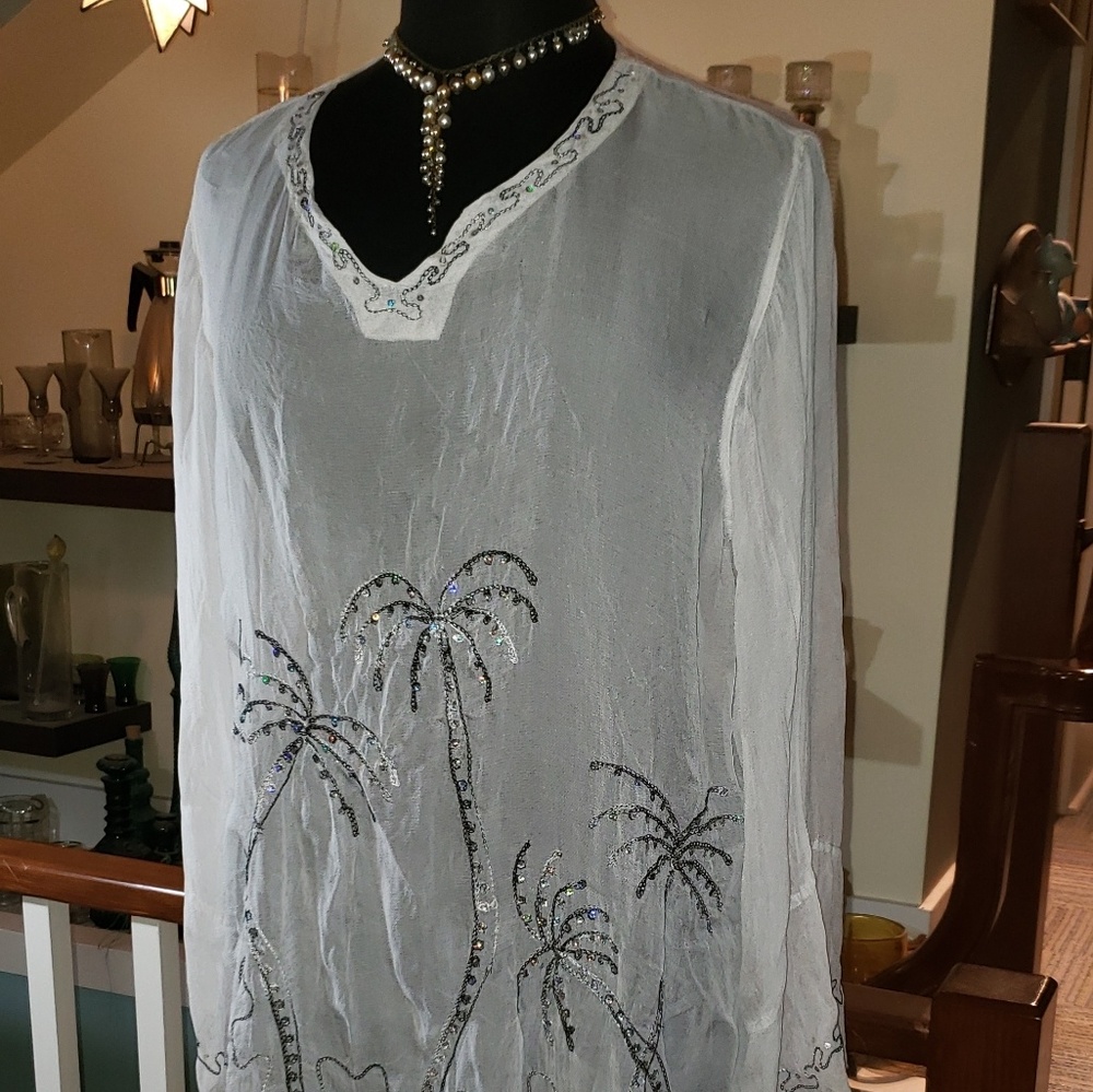 Raya Sun Womens Tropical Sheer Beaded Tunic Length Beach Topper